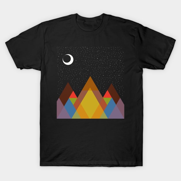 mountains landscape, starry night and waning moon T-Shirt by SAMUEL FORMAS